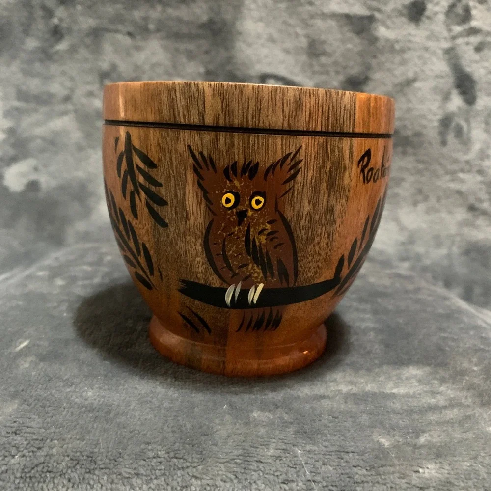 Roatan Decorative Bowl Hand Painted Crazy Owl Brown Wood Folk Art EUC